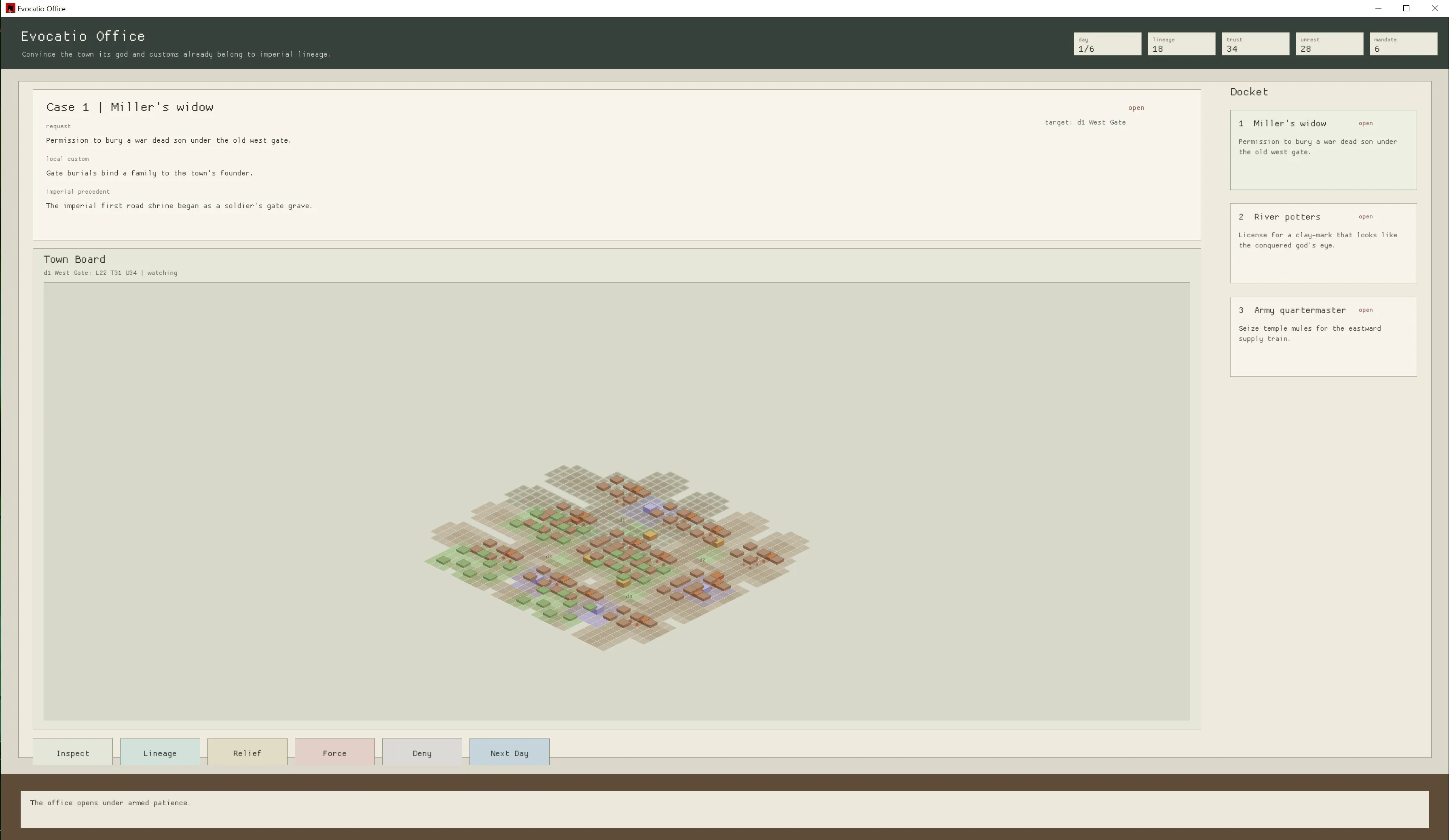 The Evocatio Office interface: the Miller's widow case with its request and imperial precedent, an isometric Town Board map of the city, a docket of pending petitions, and ruling buttons labeled Inspect, Lineage, Relief, Force, Deny, and Next Day.
