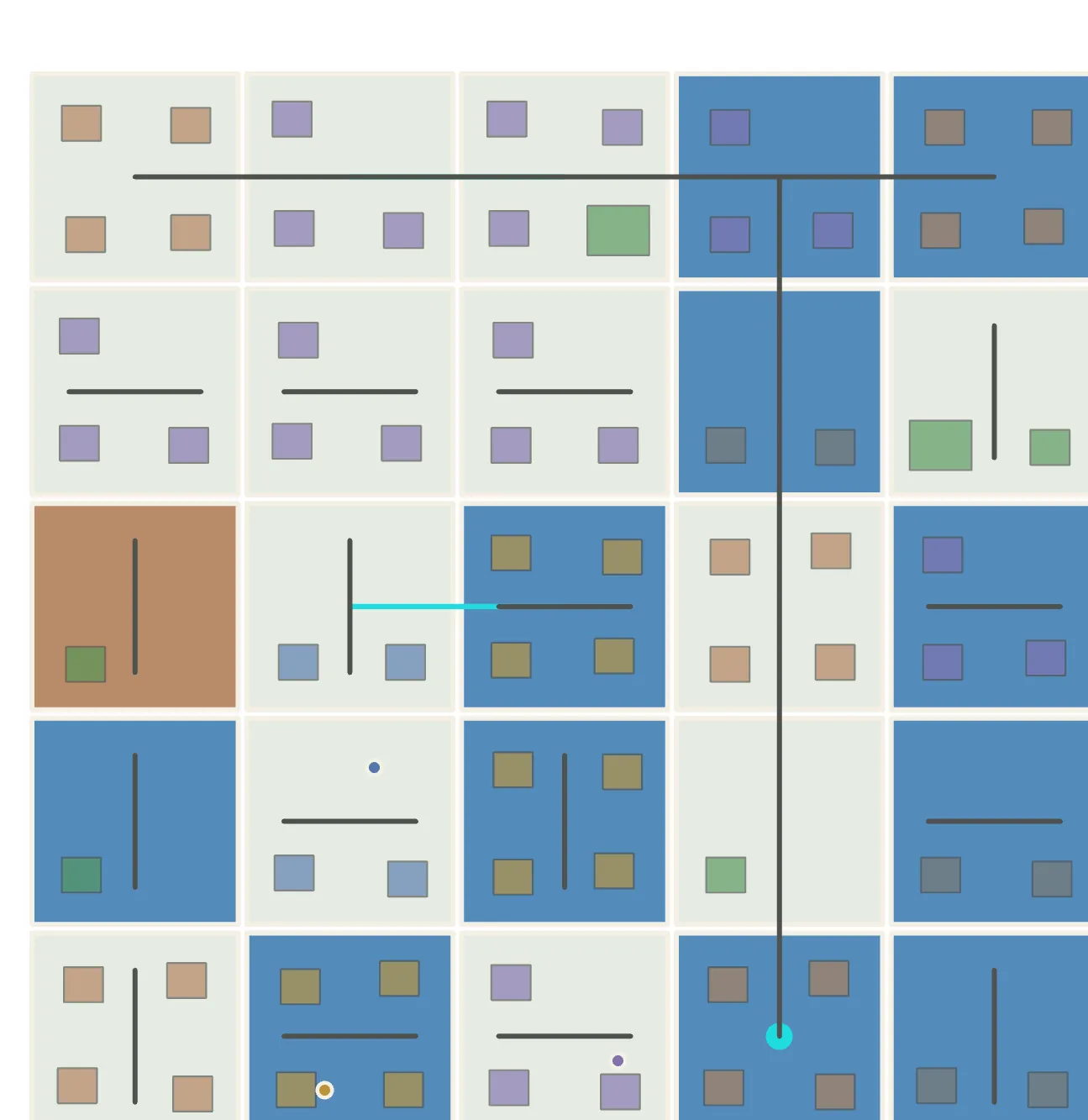 The Permit Office district grid: tiles representing city districts with point and line features placed on them.