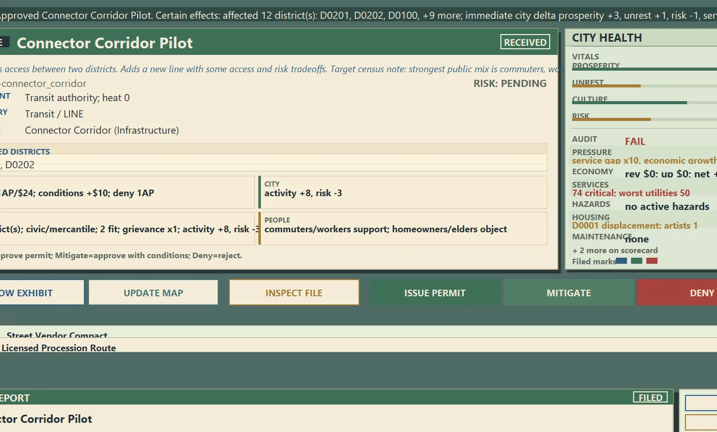 The Permit Office docket dashboard showing a Connector Corridor Pilot permit case, its affected districts, action costs, the city health panel, and approve, mitigate, and deny buttons.