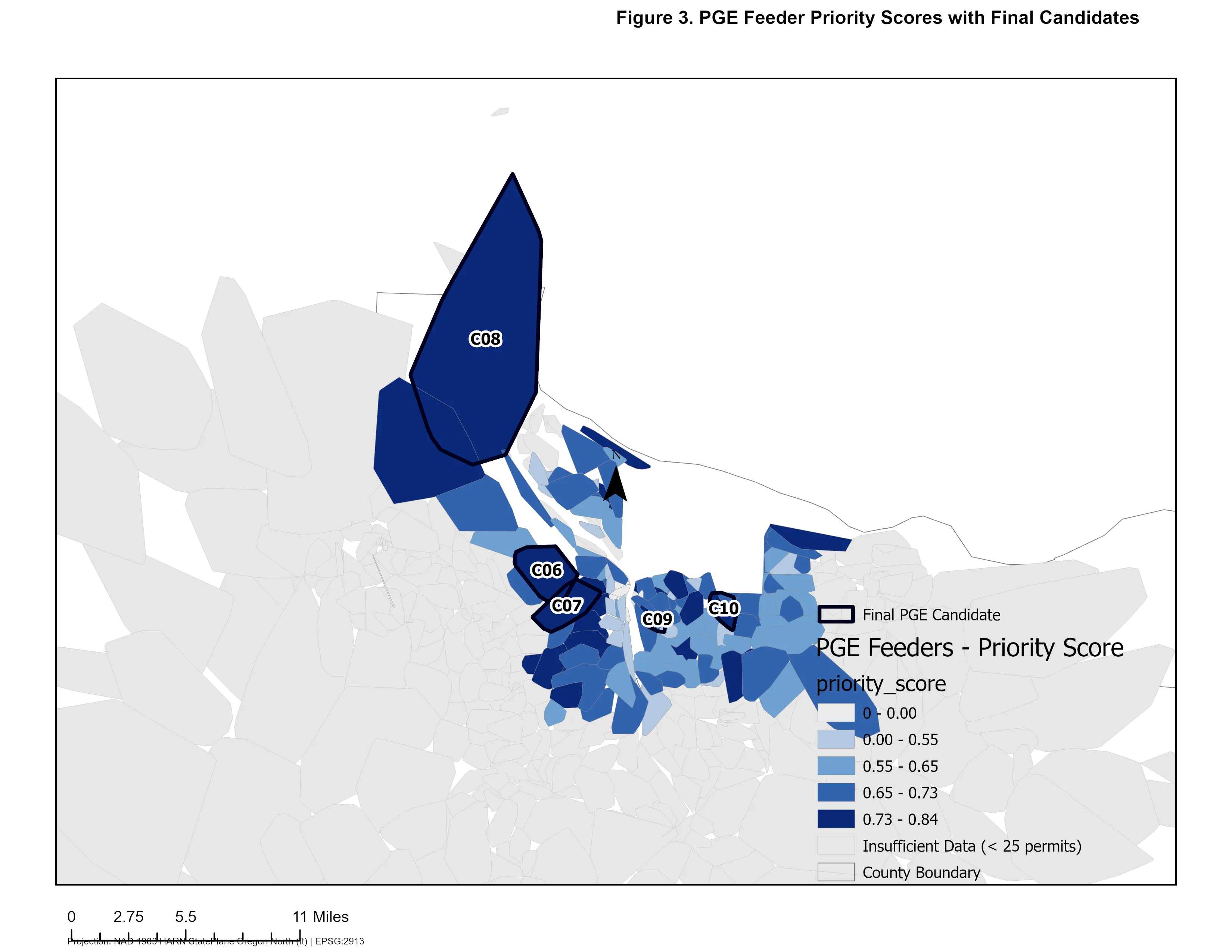 Choropleth map of PGE feeders shaded by priority score, with the five final candidate feeders C06 through C10 labeled.